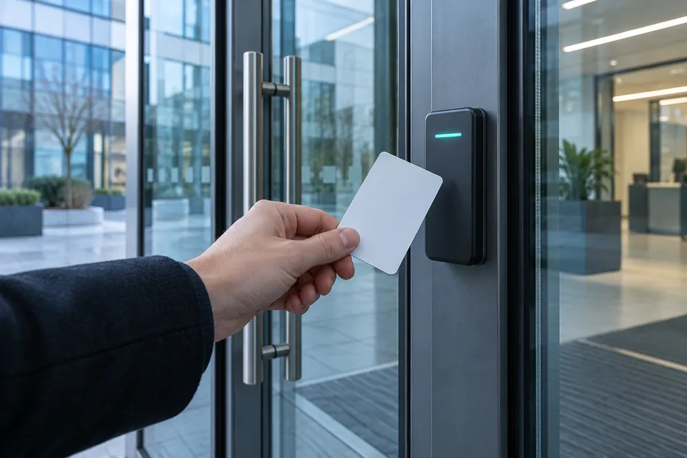 Access card held beside a reader at an office entrance