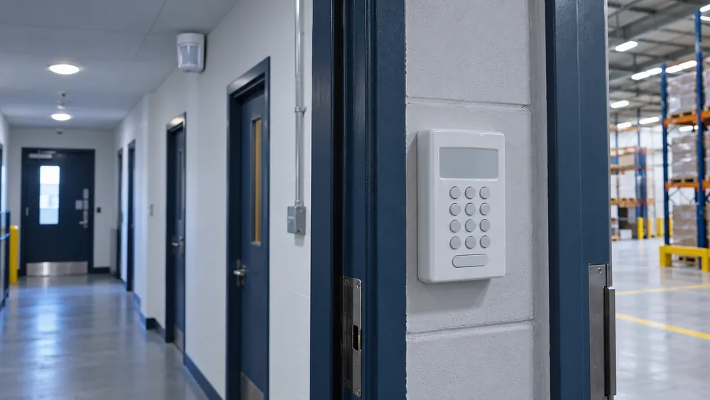 Intruder alarm keypad in a warehouse staff corridor