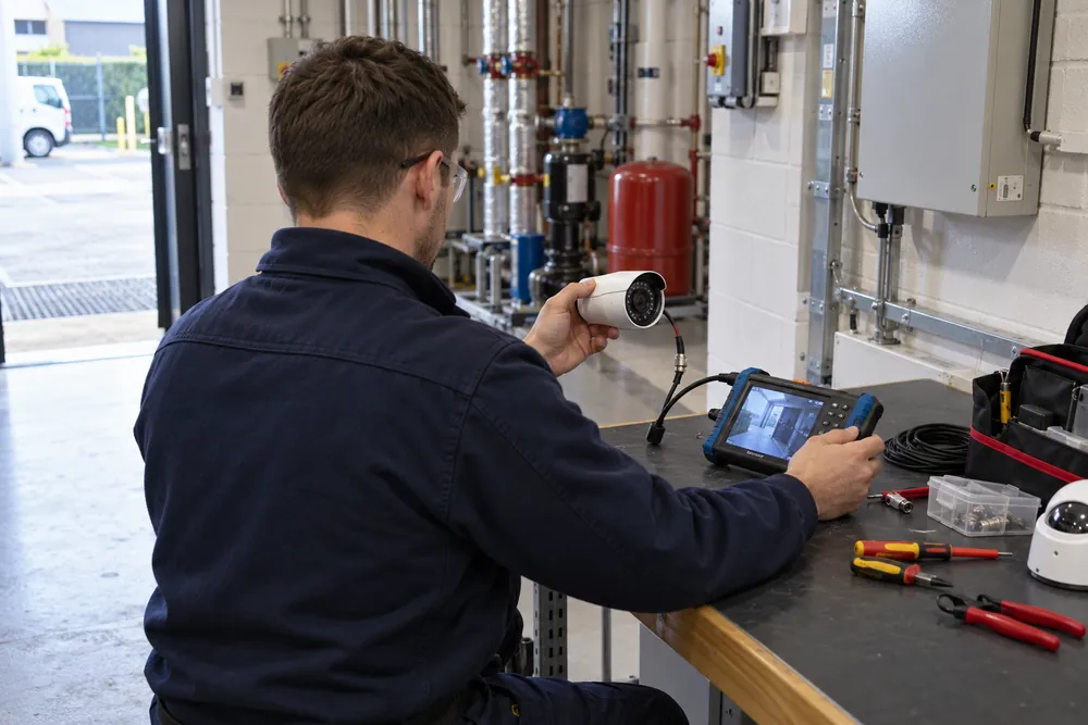 Security engineer inspecting CCTV equipment at a workbench