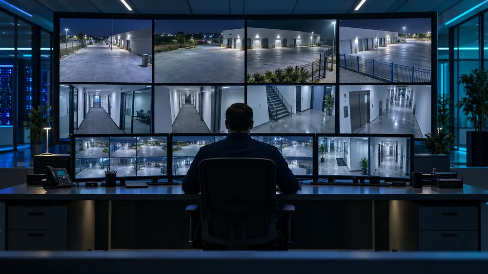 Security monitoring desk with views of commercial premises